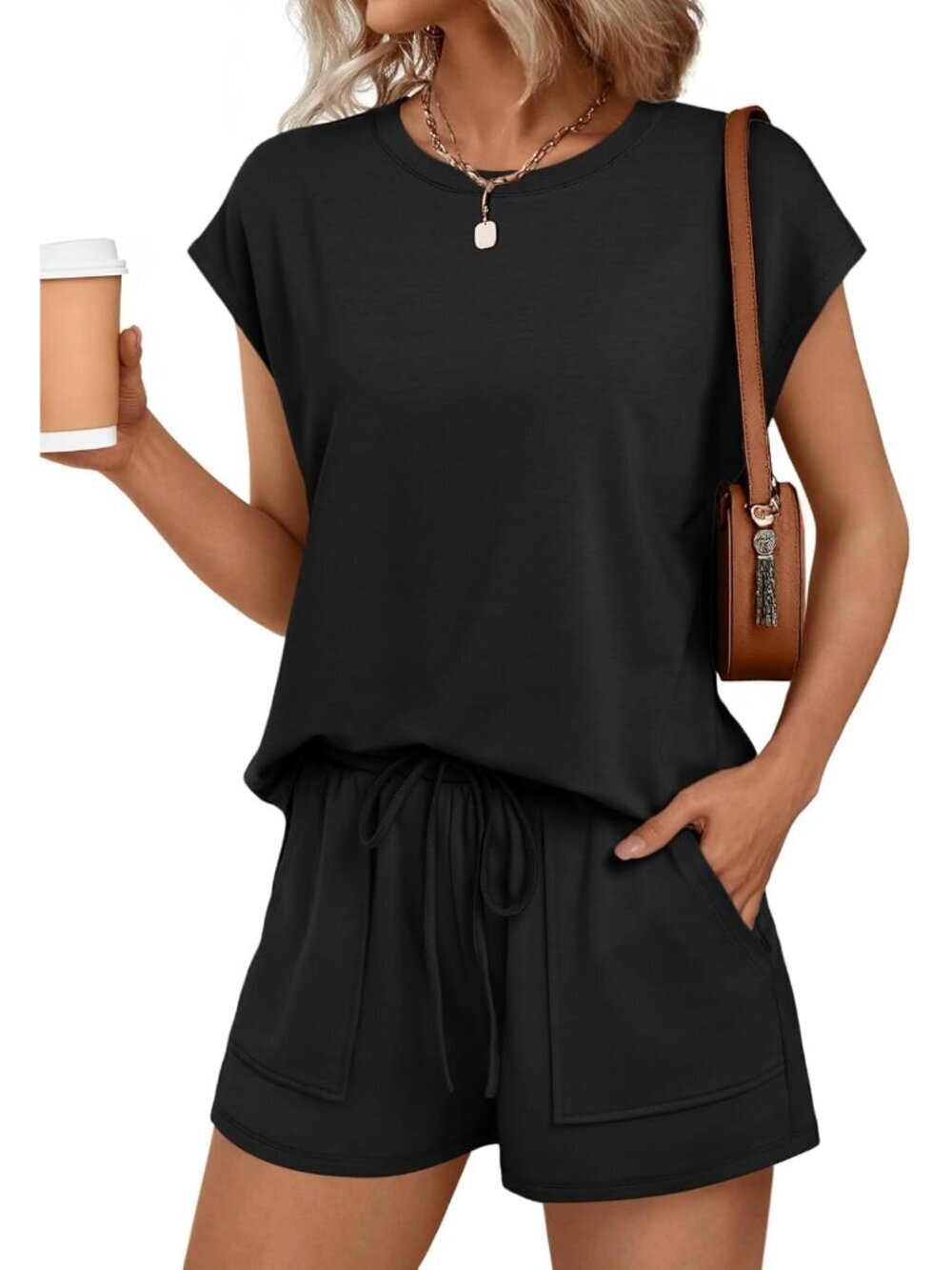 Womens Crew Neck Two Piece Short Sets Cap Sleeve Drawstring Summer Sweatsuit wit